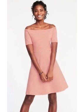 Old Navy Orange Striped Off The Shoulder A LINE Short Sleeve Dress Sz Small NEW